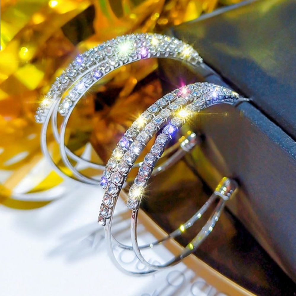 NEW SILVER PAVE TRIPLE ROUND HOOPS LAYERED EARRINGS